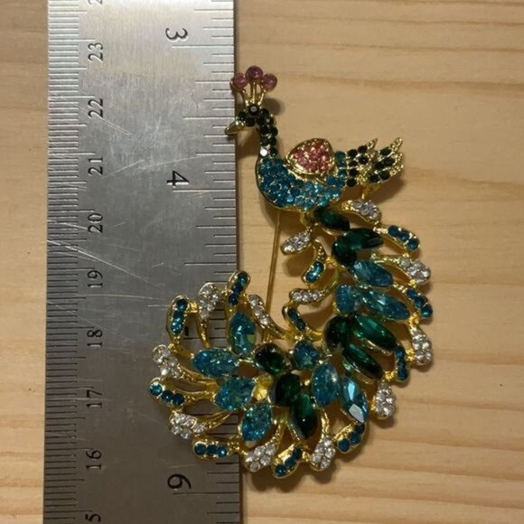 Colorful Rhinestone Peacock Brooch Pin Gold-Tone Backing Crystal Embellishments - Picture 3 of 3